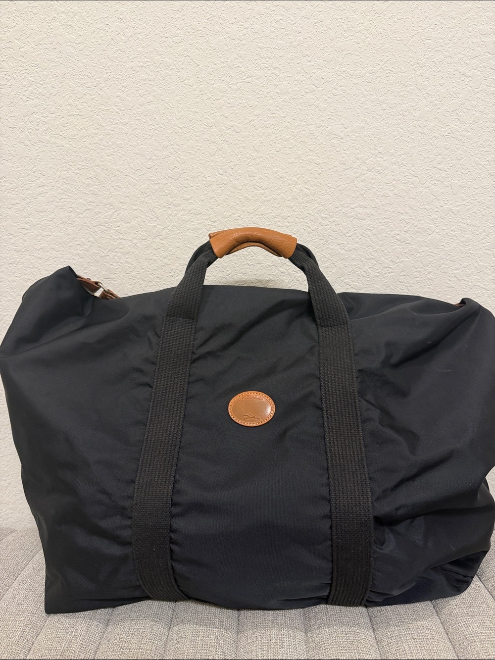 Longchamp Black Duffel Bag with Brown Leather Trim